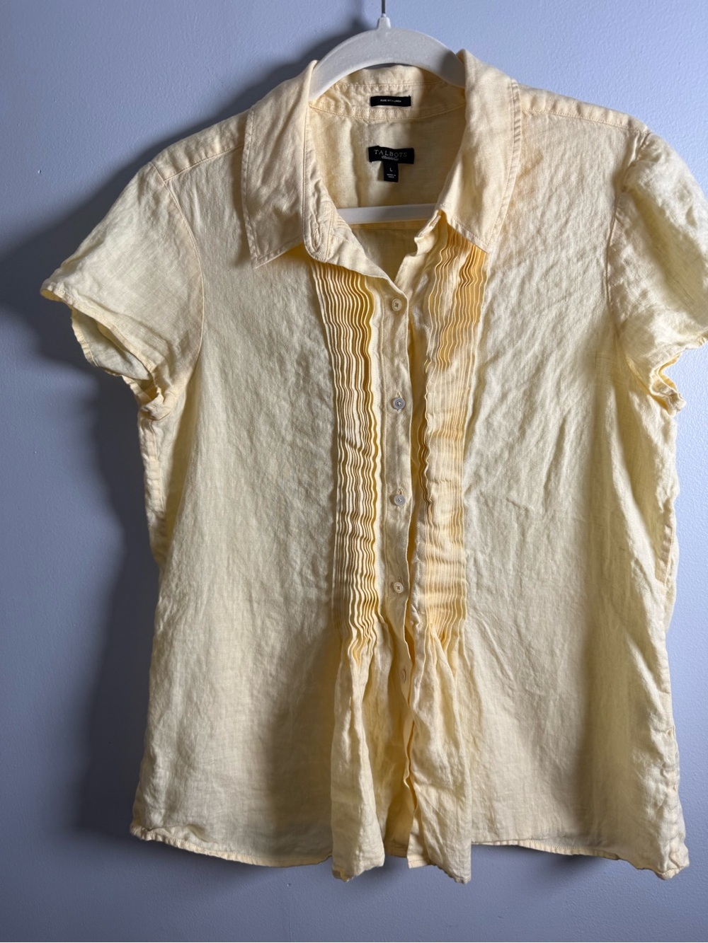 Talbots Pure Irish Linen Yellow Pintuck Button Front Blouse Women’s Large